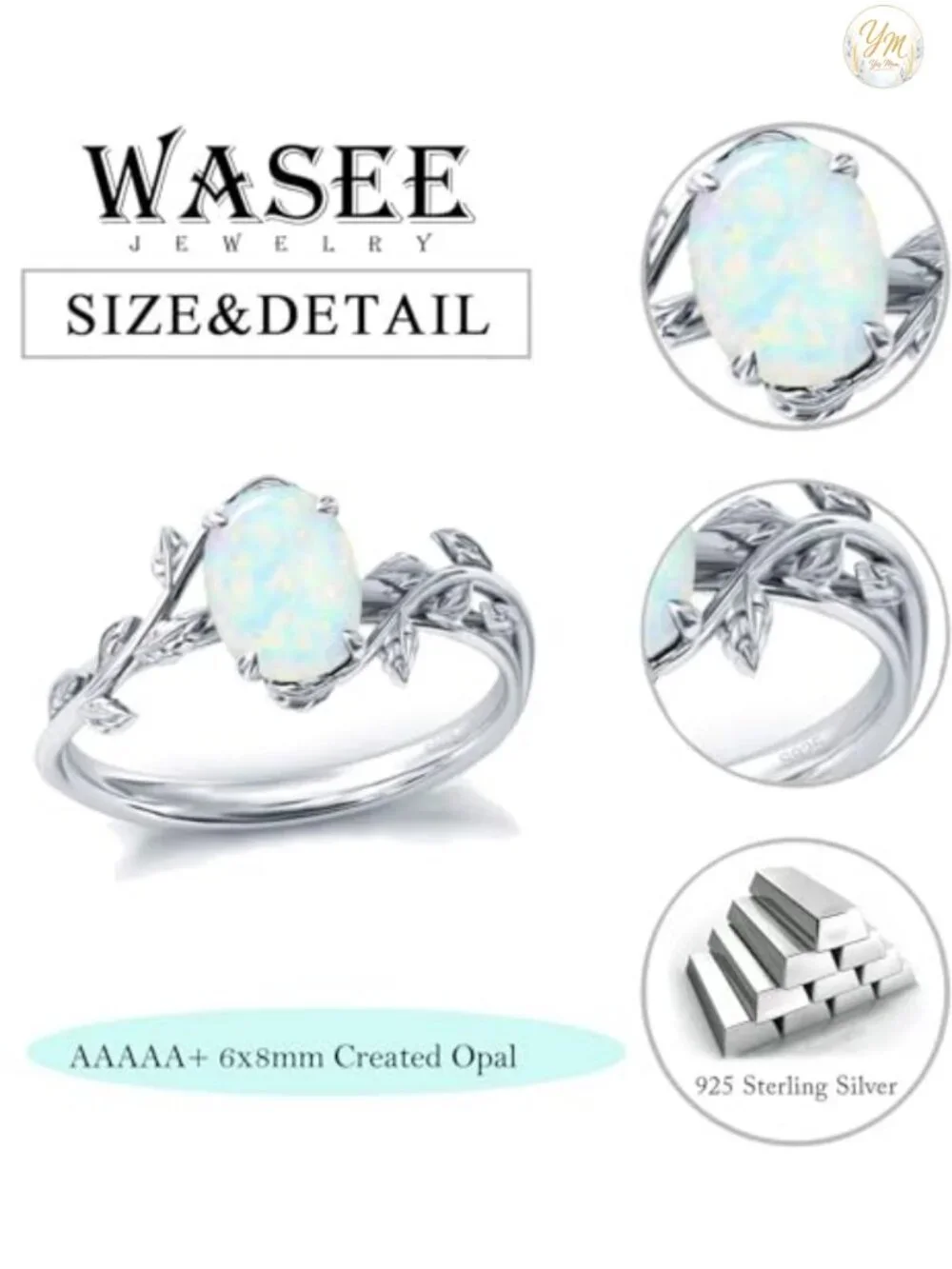 925 Sterling Silver Natural Moss Agate Ring Oval Opal Birthstone Leaf Promise